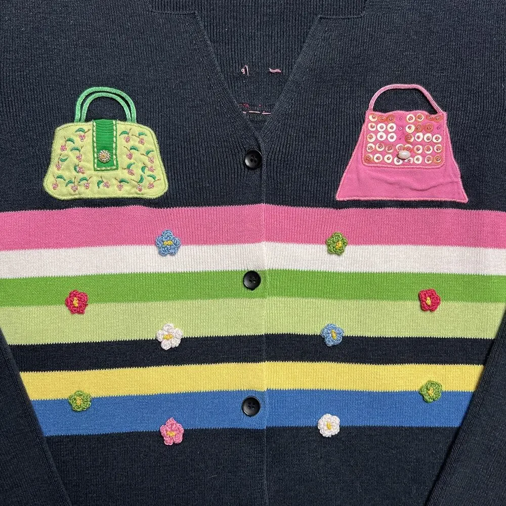 Vintage 90s Sharon Young Embroidered Handbag Purse Cardigan Sweater Beaded Indie